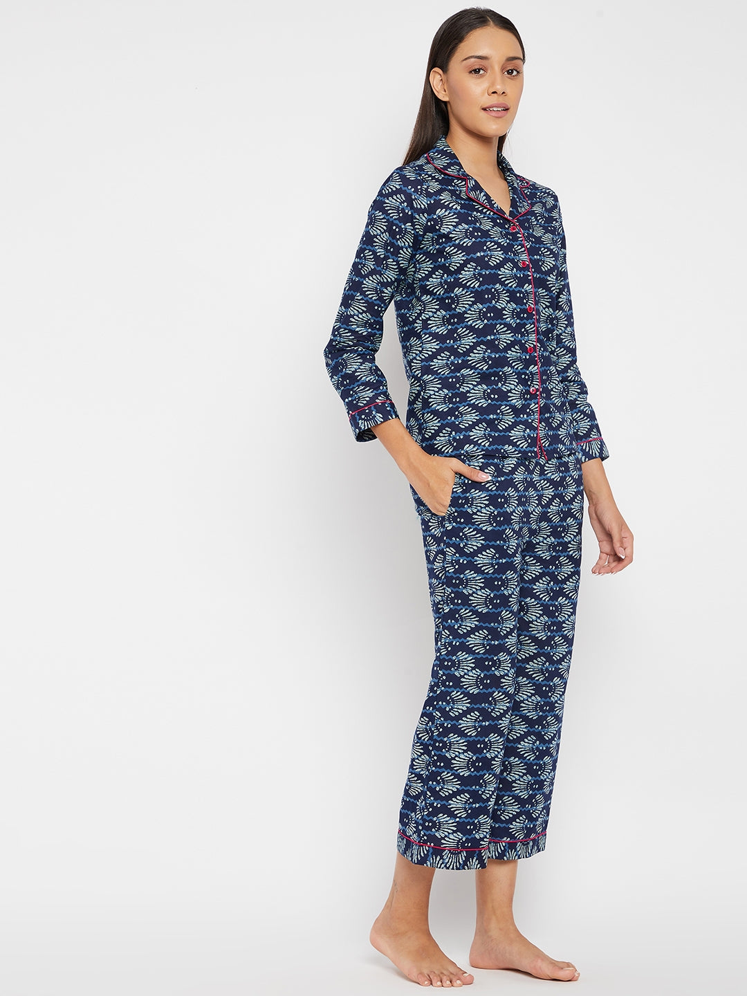 Women Navy Blue & White Printed Night suit