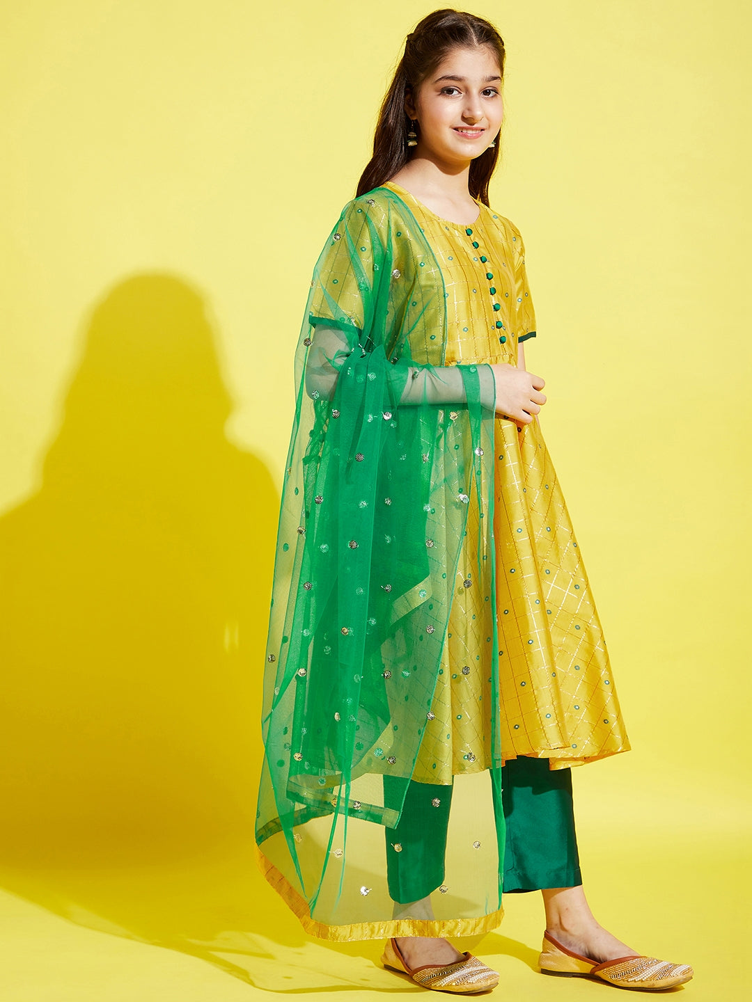Girl Yellow Self Design Kurta with Palazzos with dupatta
