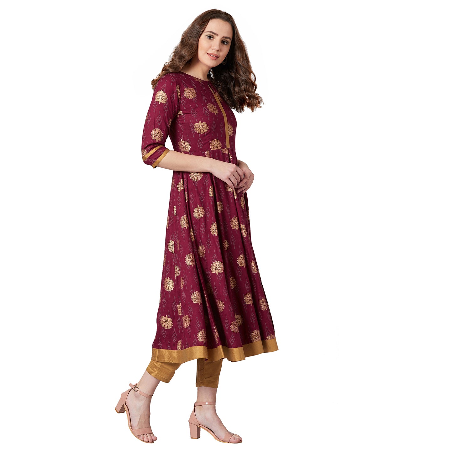 Women Maroon Printed Anarkali Kurta