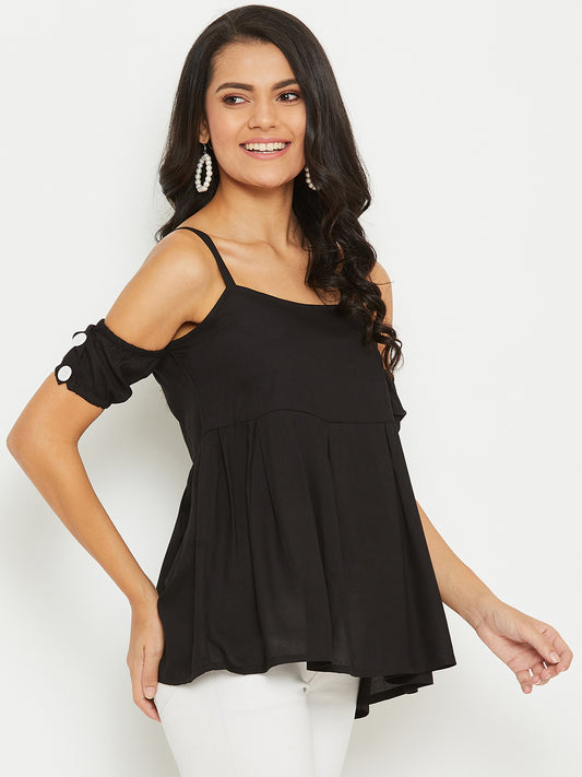 Black Solid Off Shoulder Puff Sleeves Bardot Top