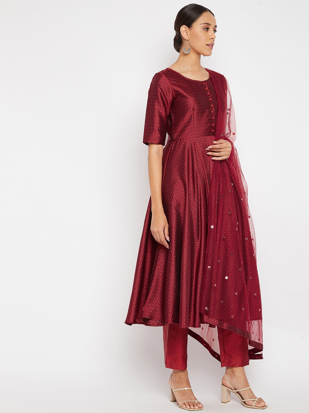 Women Maroon Pleated Golden Thread Work Kurta Set With Trouser And Dupatta