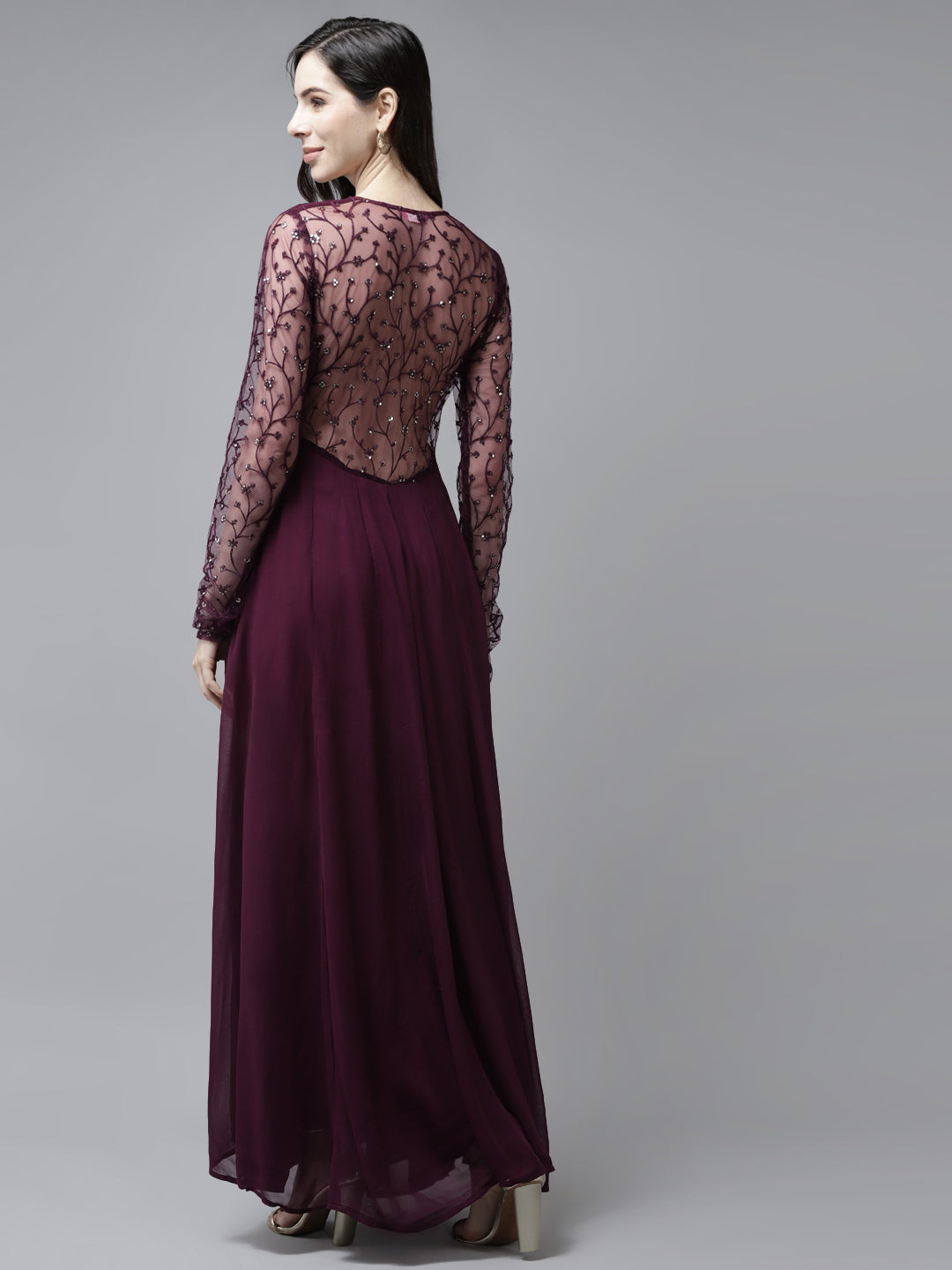 PANIT Purple Gold-Toned Embroidered Yoke Sequinned Gown
