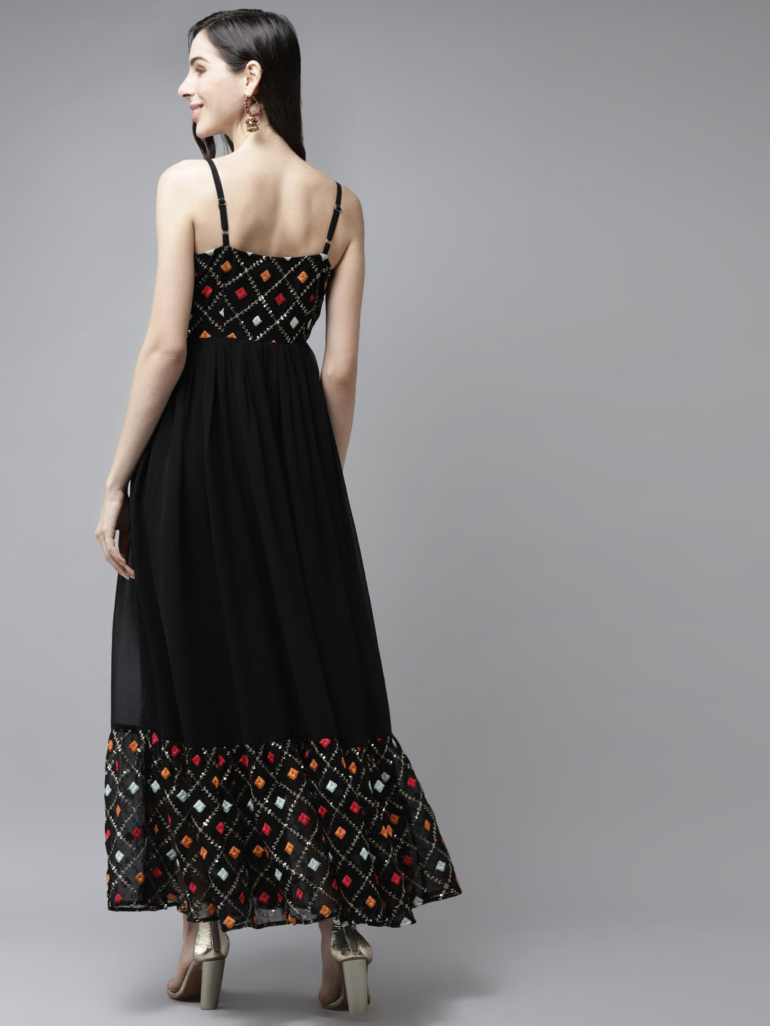PANIT Women Black Orange Embroidered Maxi Dress