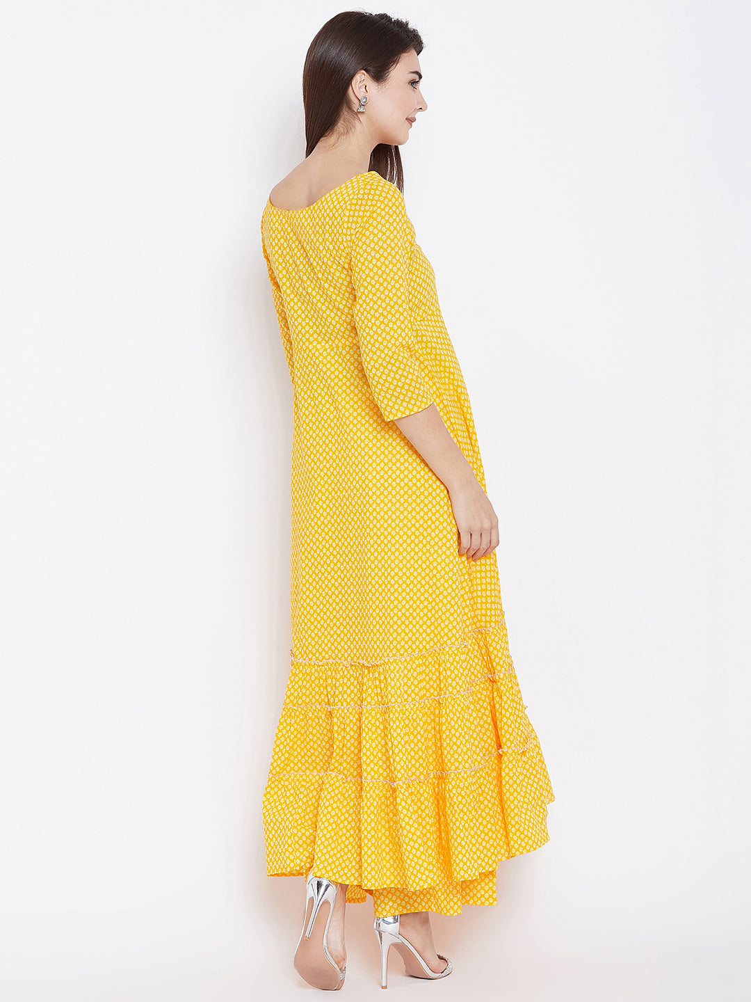 PANIT Women Yellow Printed Tiered A-Line Kurta