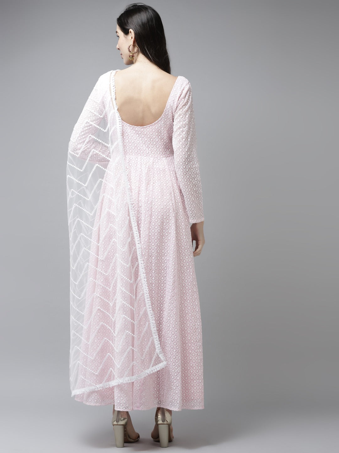 Pink & White Ethnic Motifs Embroidered Georgette Ethnic Maxi Dress With Dupatta