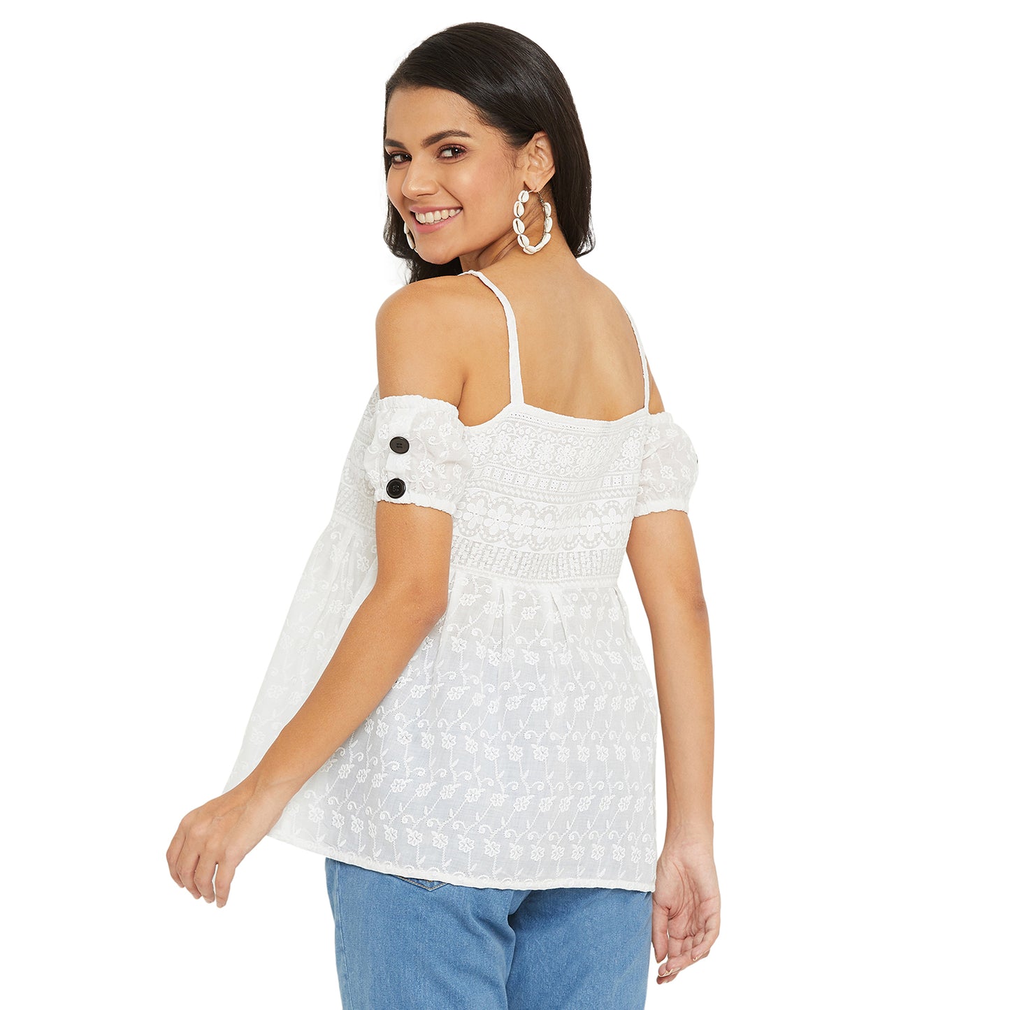 White Schiffli Off Shoulder Puff Sleeves Bardot top