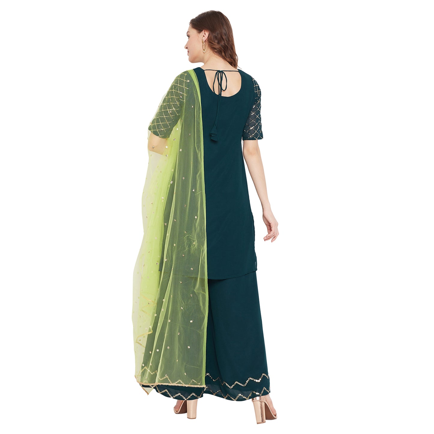 Dark green jaal embroidered kurta and sharara with lime green dupatta