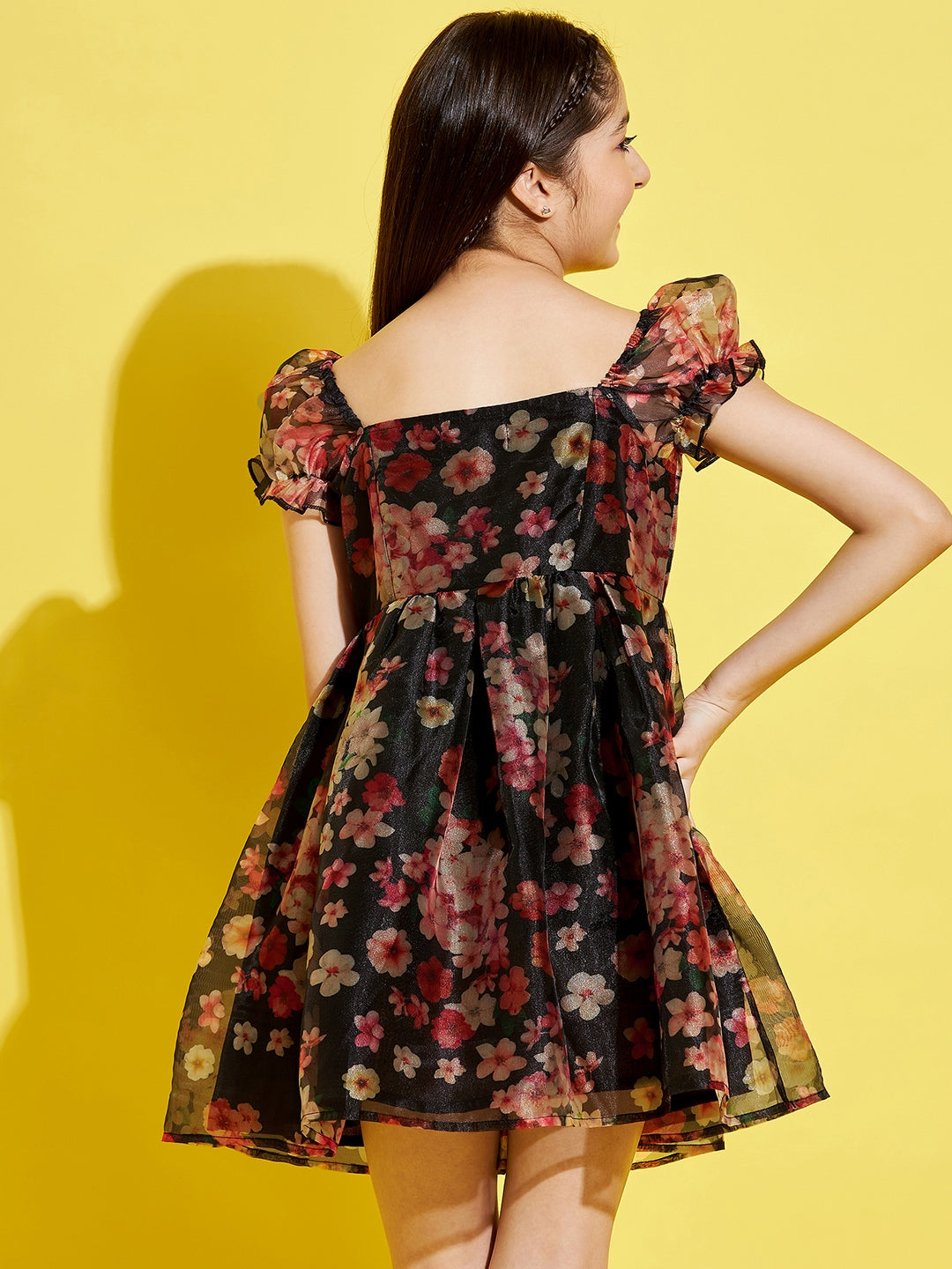 Girls Black & Red Floral Dress
