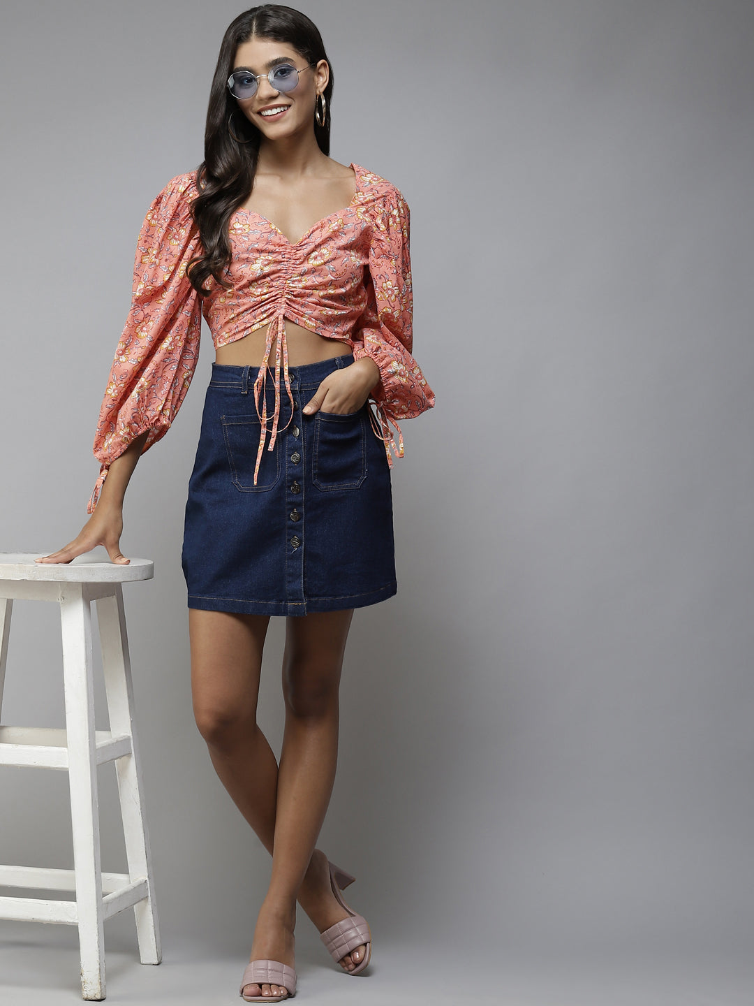 PANIT Peach-Coloured Yellow Floral Print Sweetheart Neck Pure Cotton Blouson Crop Top