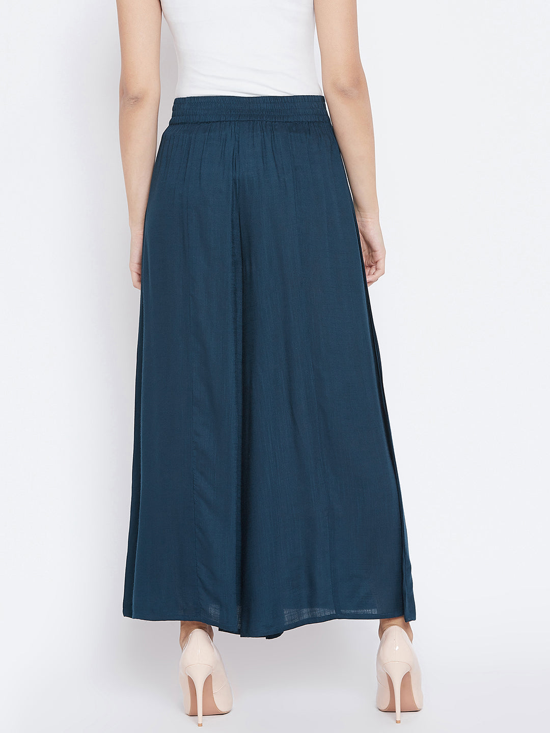 Women Teal Bkue Solid Flared Palazzos