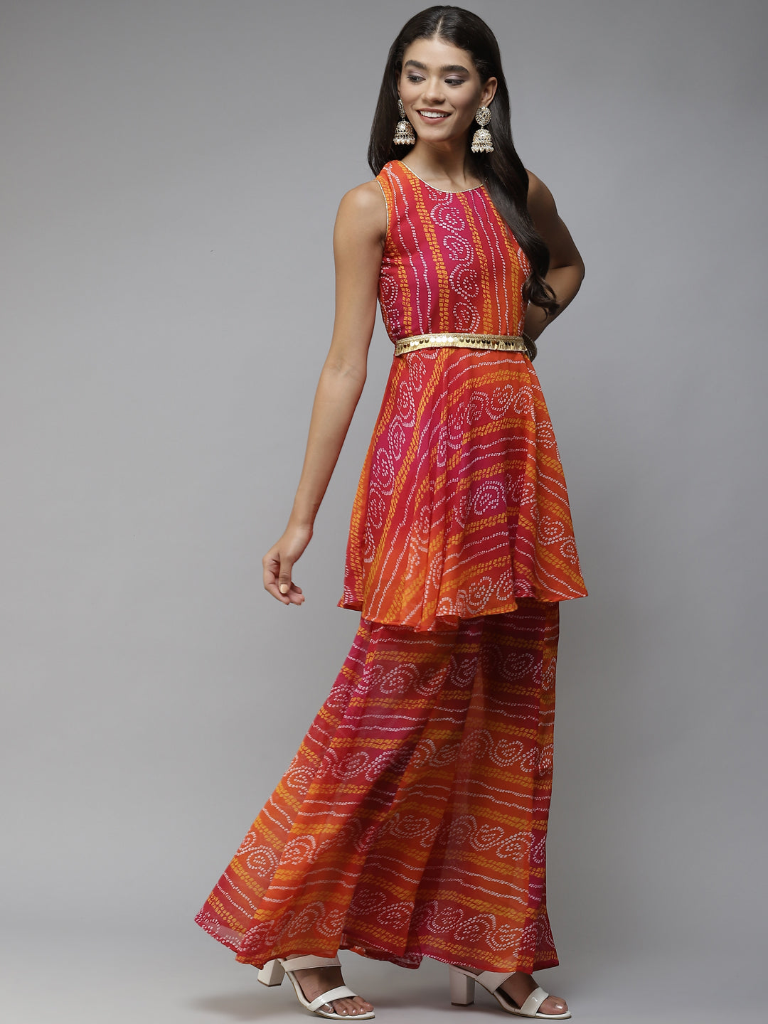PANIT Orange Bandhani Printed Sequinned Kurta with Sharara & With Dupatta