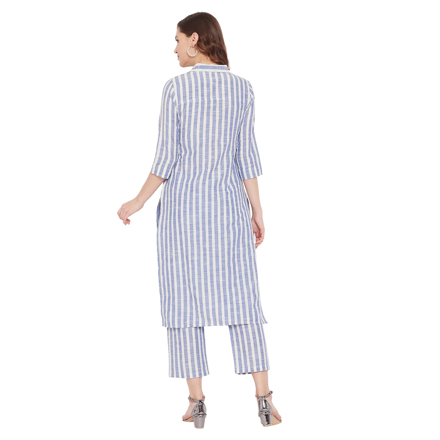 Formal white and blue stripe kurta set
