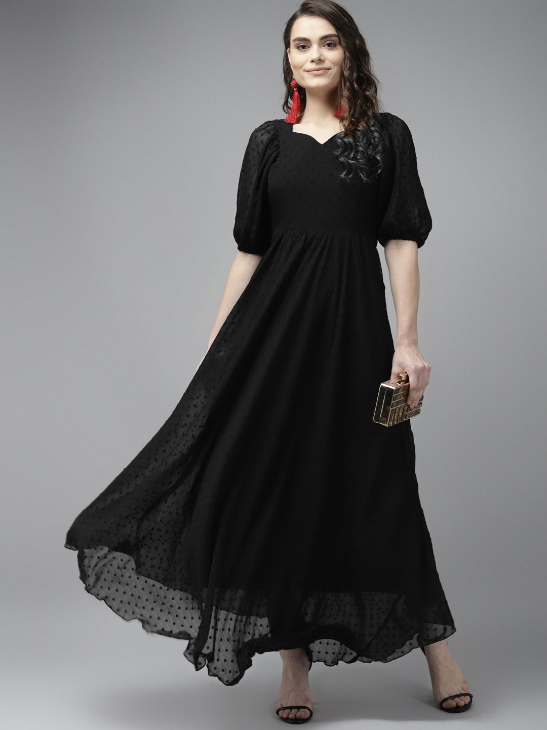 PANIT Black Solid Georgette Dobby Maxi Fit Flare Dress