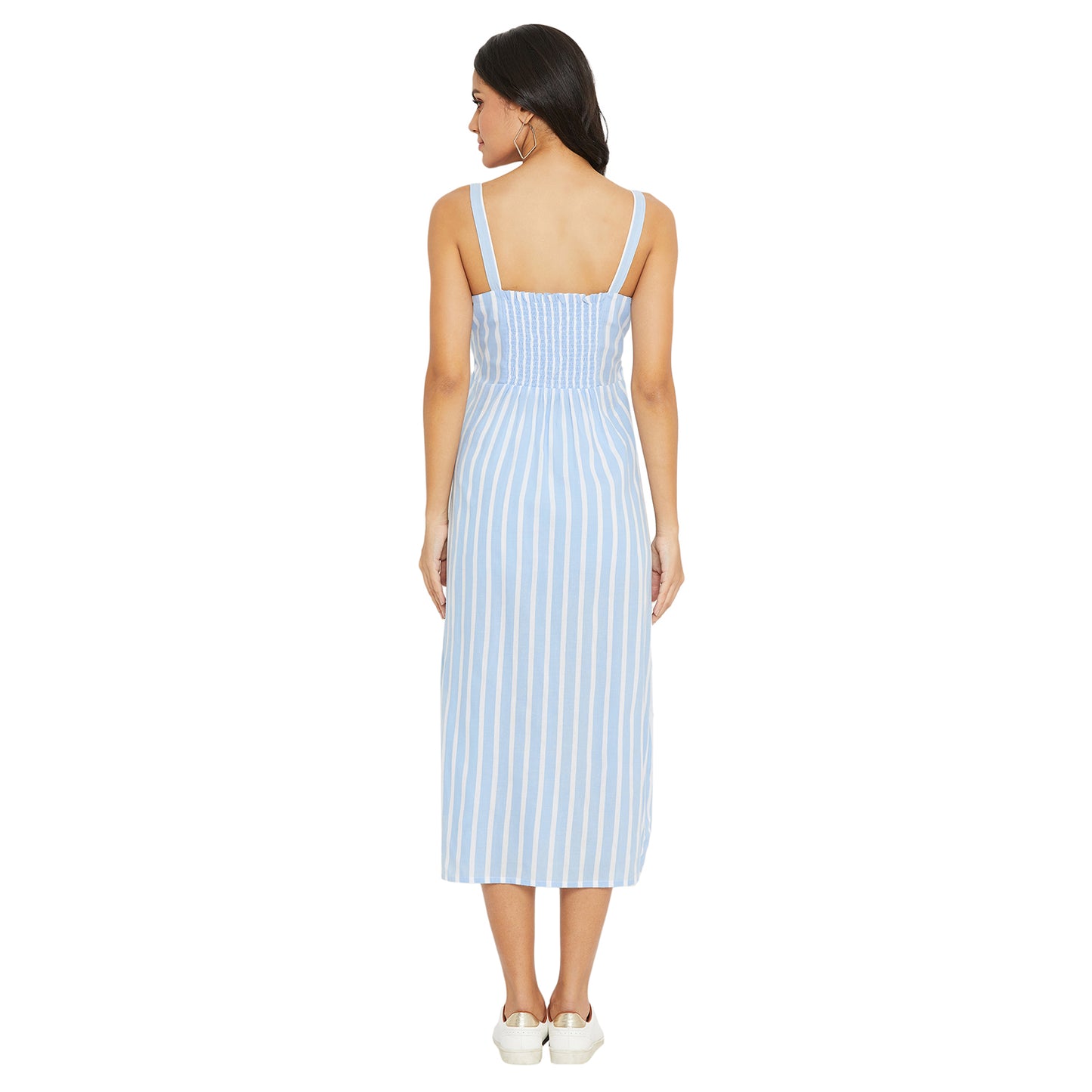 Women Blue and White Stripe Fit and Flare Midi Dress