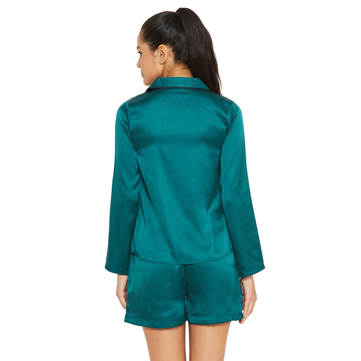 Women Green Satin Finish Solid Night Suit