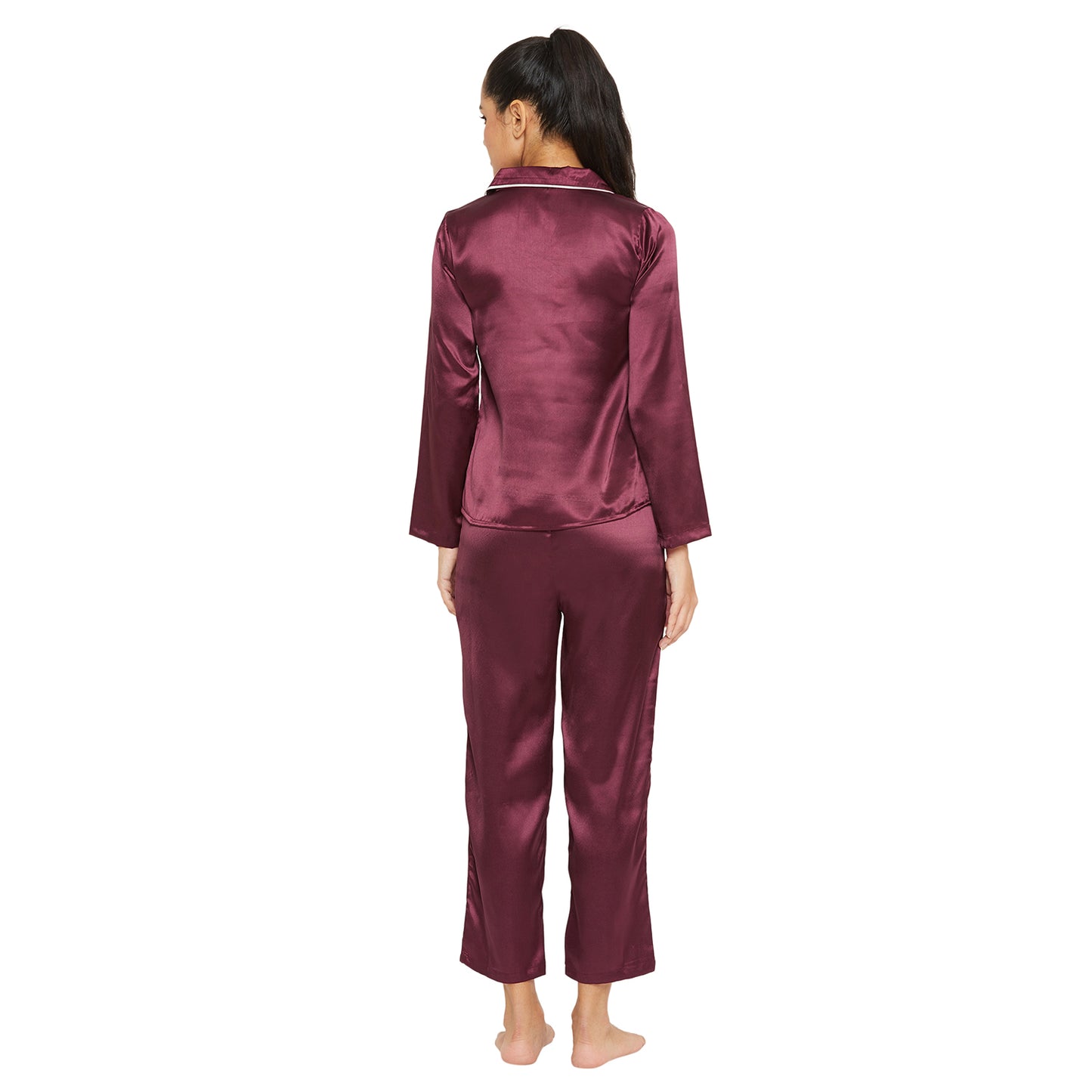 Women Wine Satin Finish Solid Night Suit