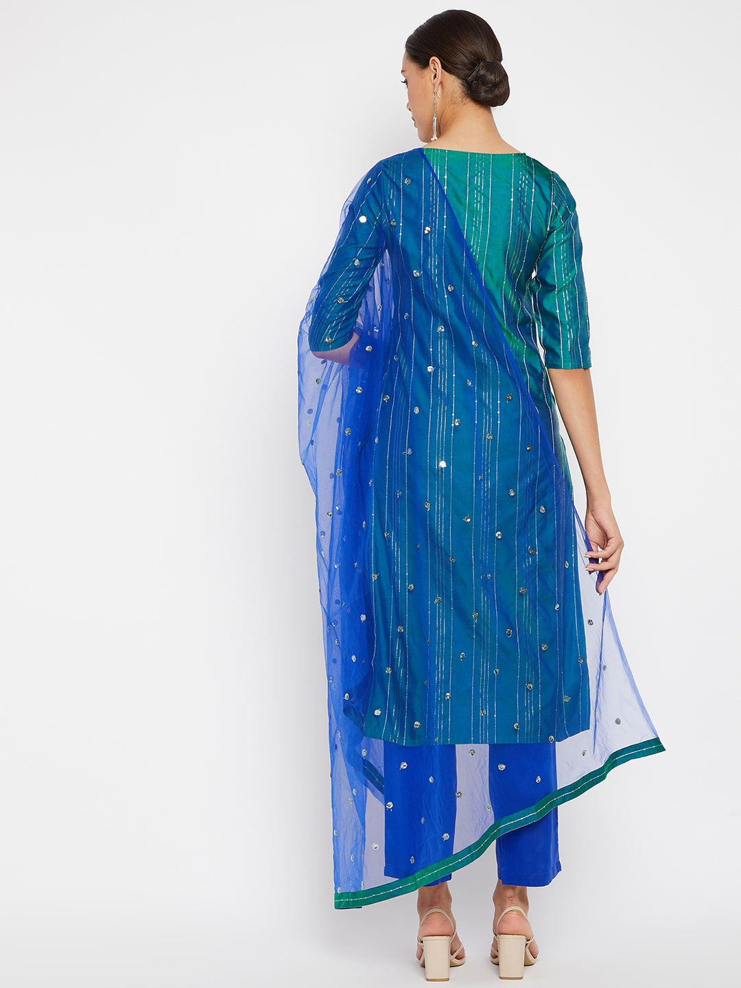 Women Green Blue Sequin Straight Kurta Set with Dupatta