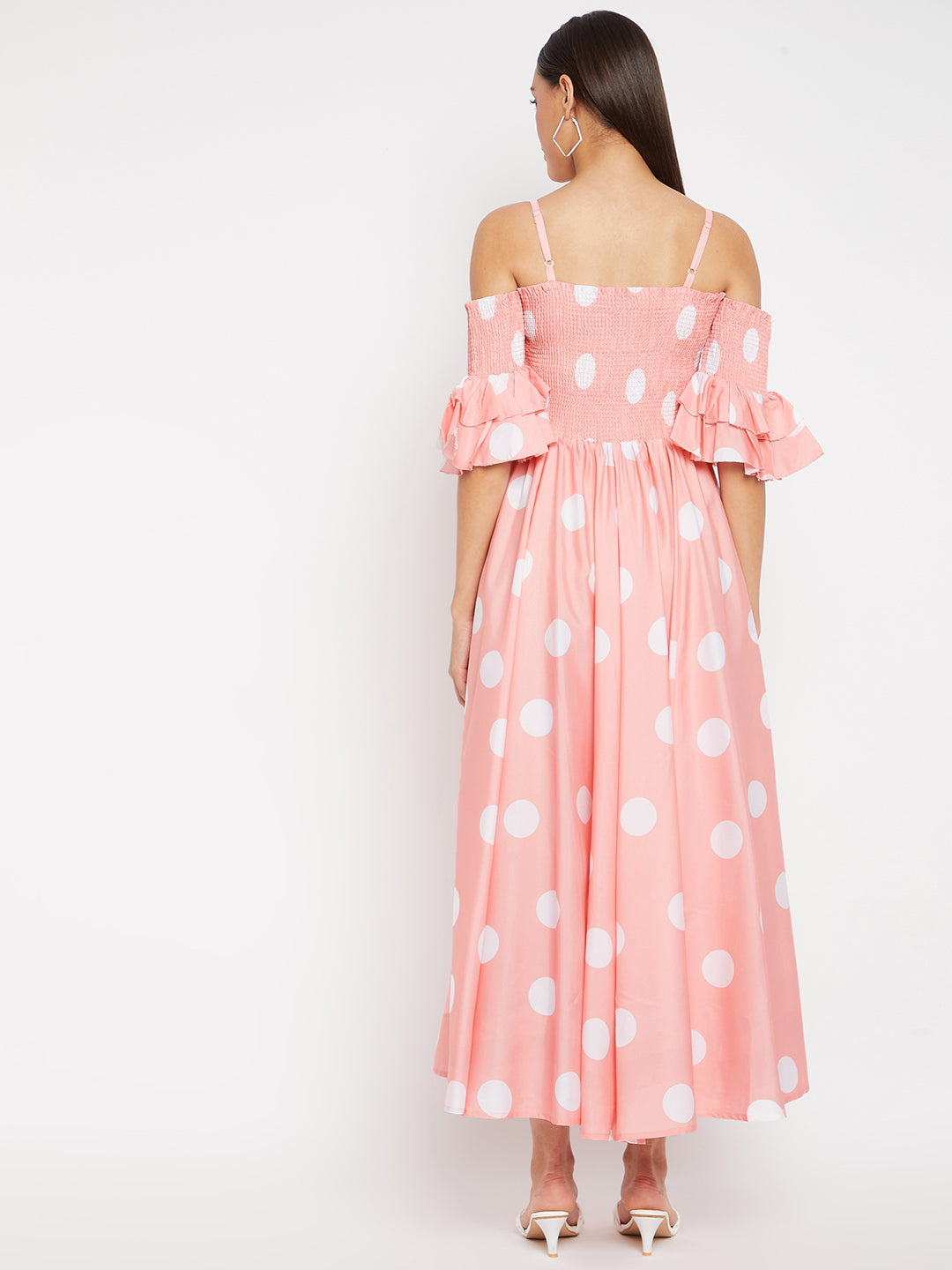 Women Pink Base and White Polka Dot Printed Maxi Dress