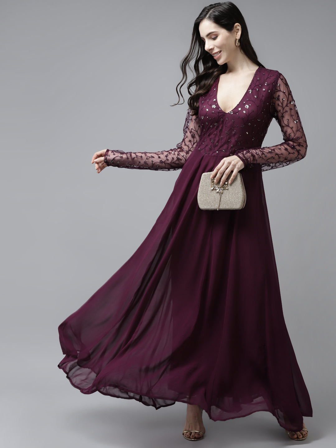 PANIT Purple Gold-Toned Embroidered Yoke Sequinned Gown