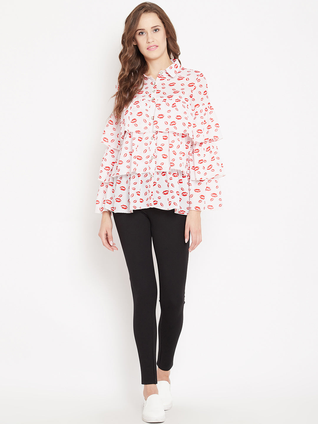 White Printed Ruffle layer Shirt