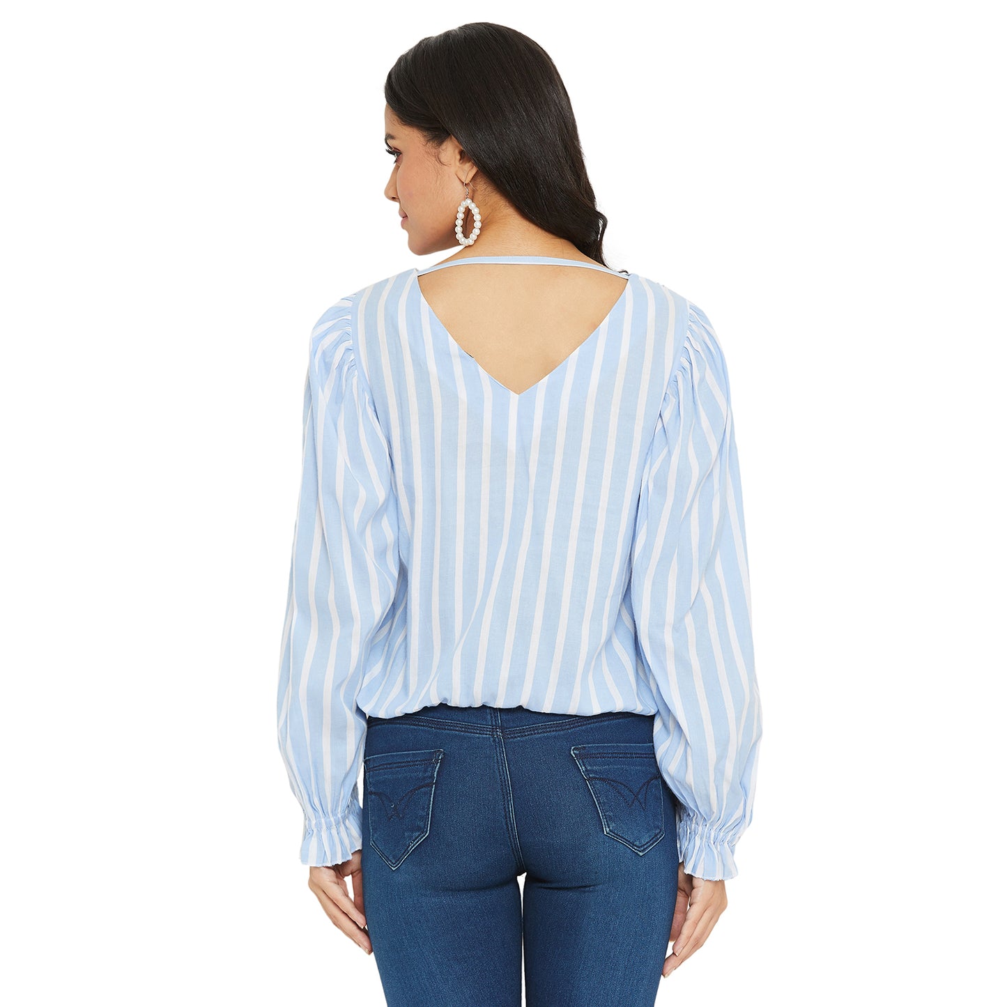 Ice Blue And white Stripe Top with gather sleeve and waist elastic