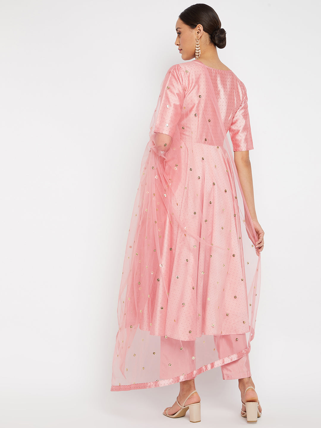 Women Rose Gold Pleated Golden Thread Work Kurta Set With Trouser And Dupatta