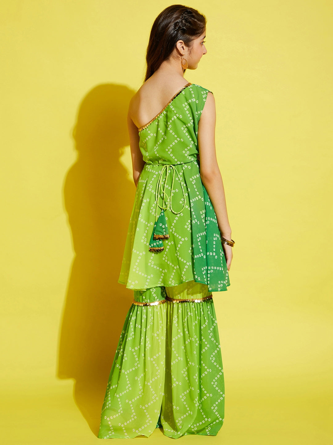 Girls Green Yellow Bandhani Printed A-Line Kurta with With Sharara
