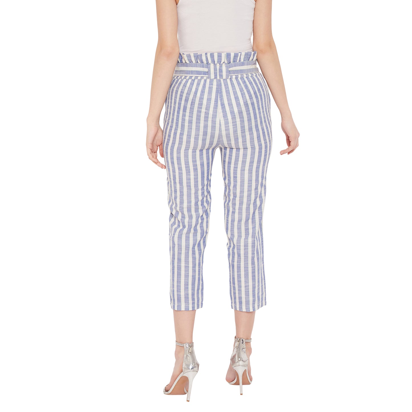 Women White and Blue Stripe Cigarette Trouser