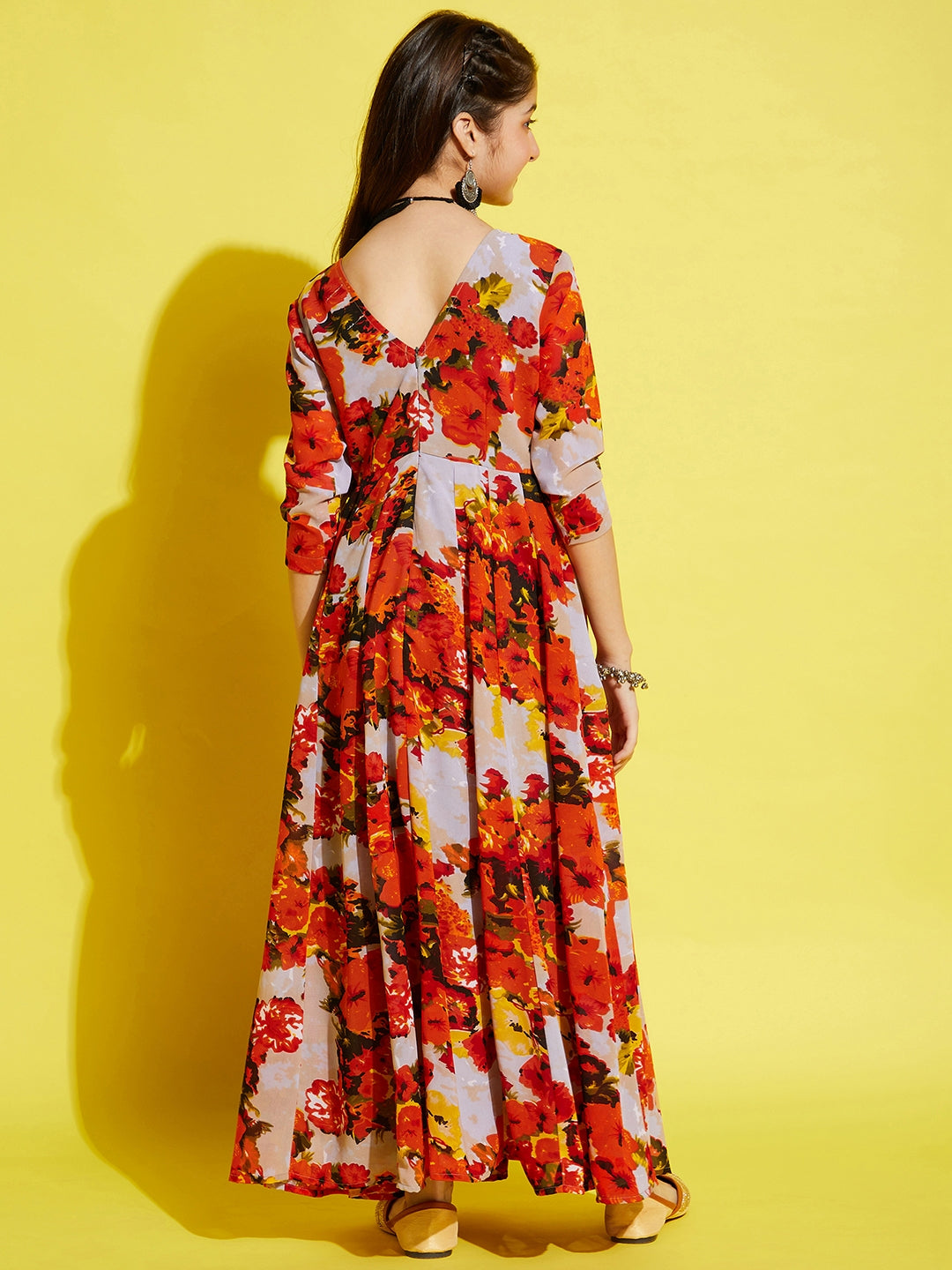 Girls Orange Floral Printed Georgette Ethnic Maxi Dress