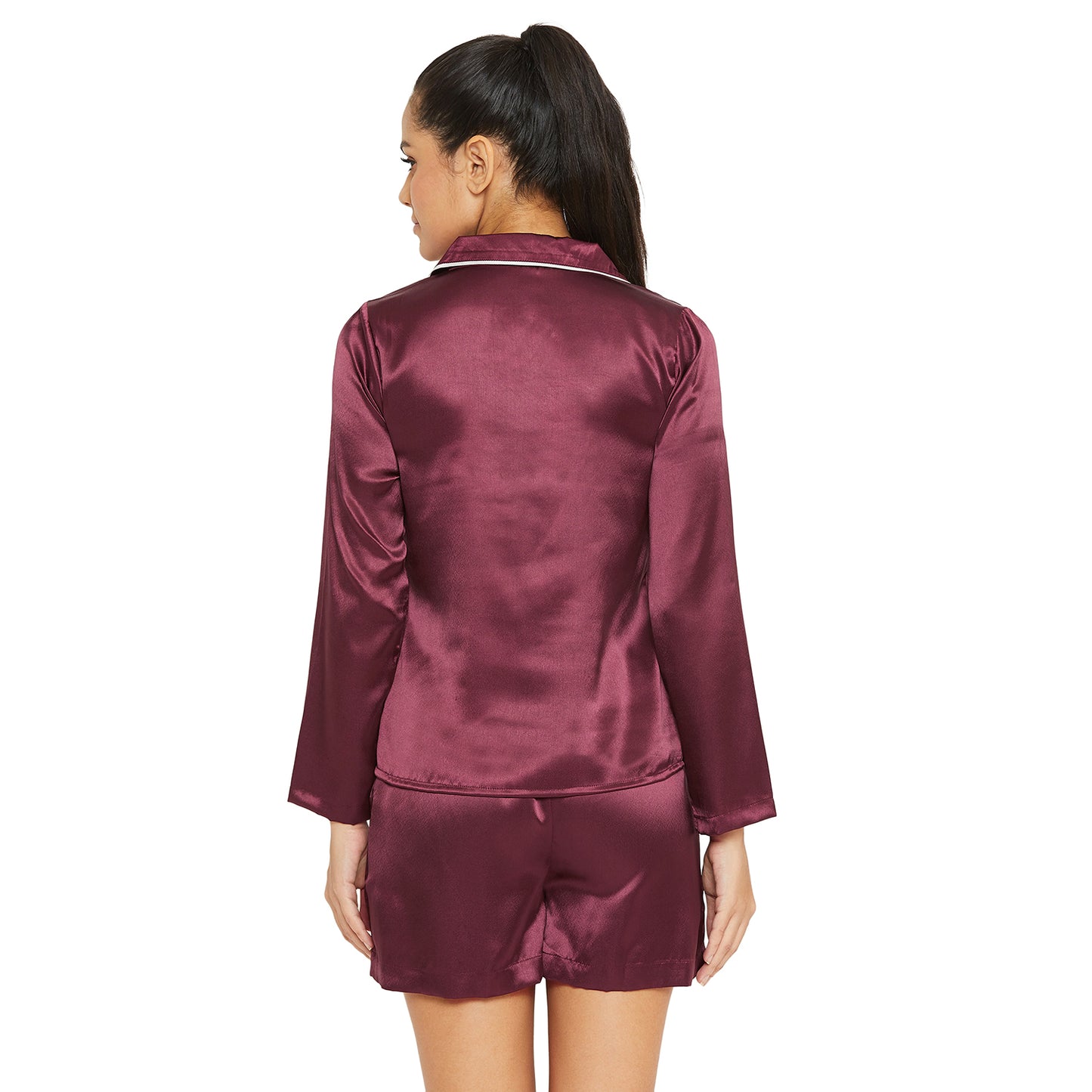 Women Wine Satin Finish Solid Night Suit