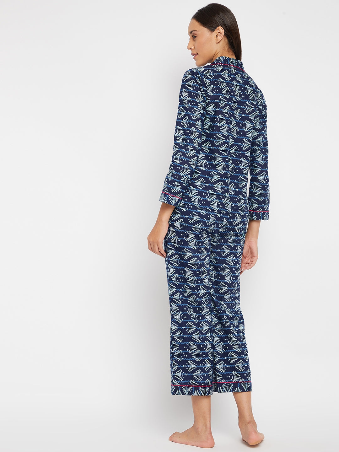 Women Navy Blue & White Printed Night suit