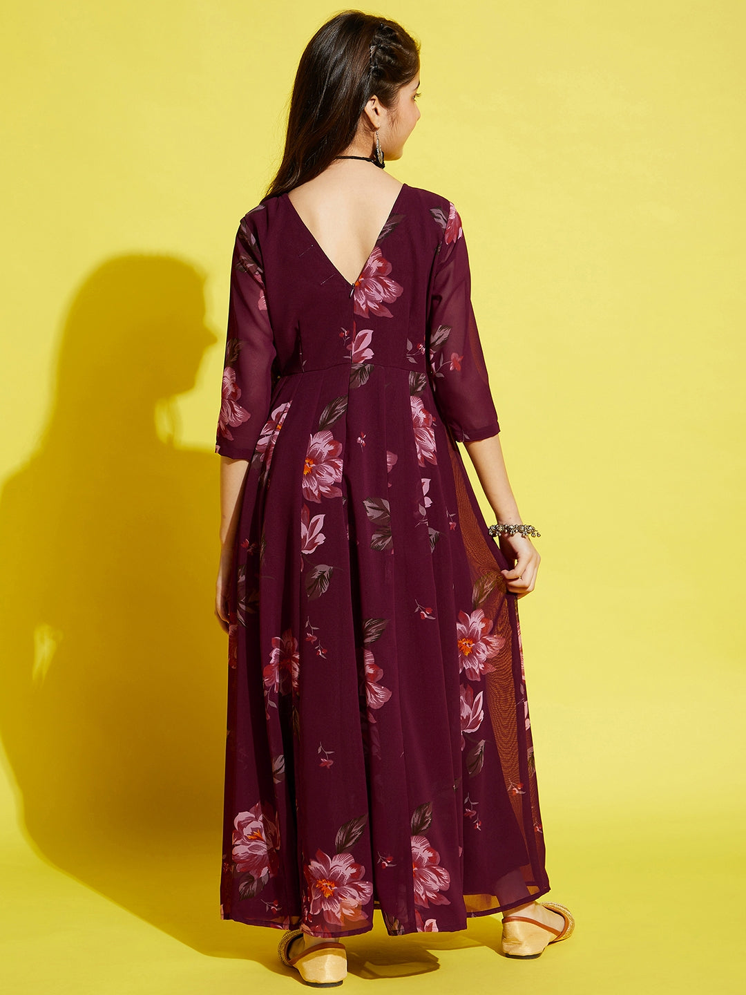 Girls Maroon Floral Printed Georgette