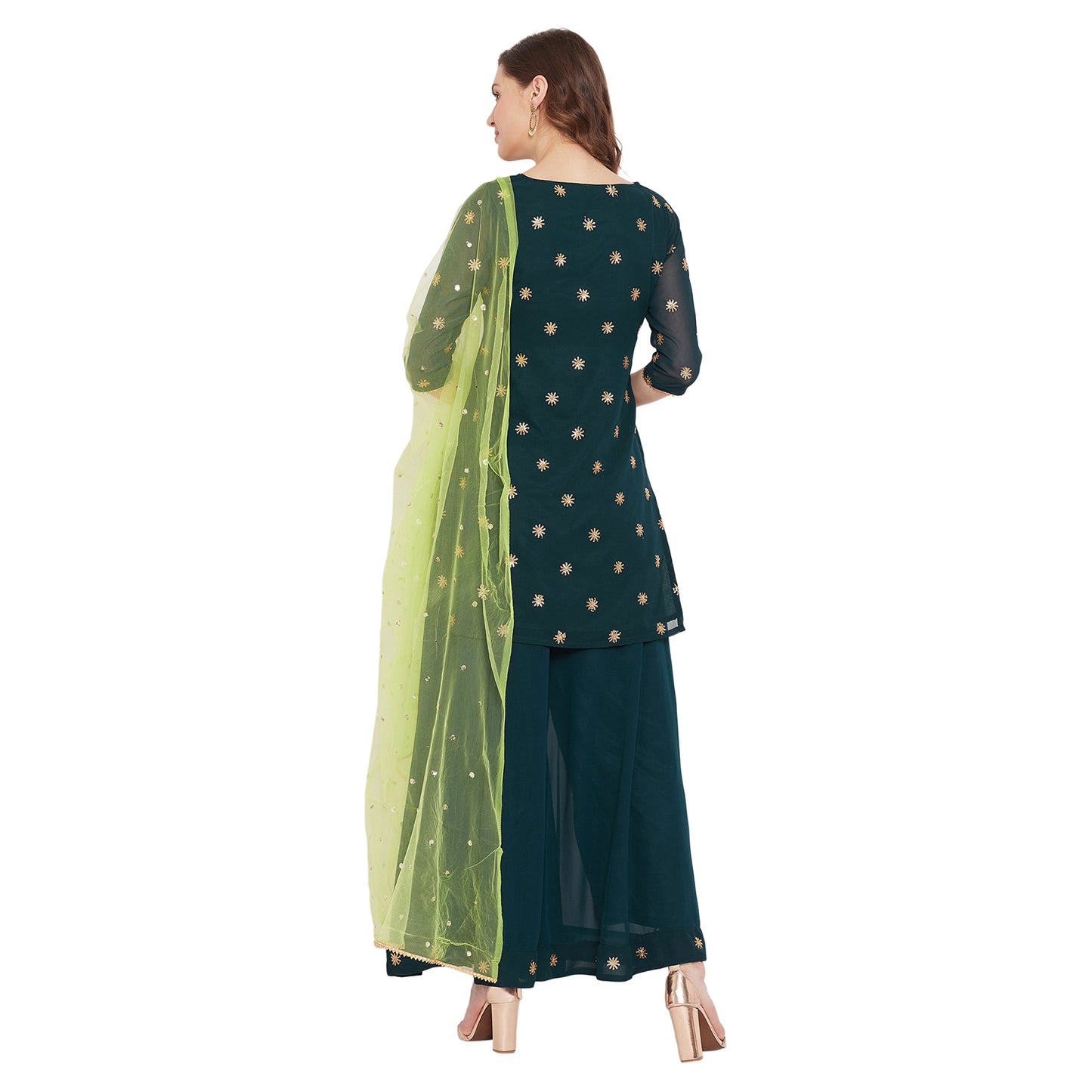 Dark green sun delicately embroidered sharara set