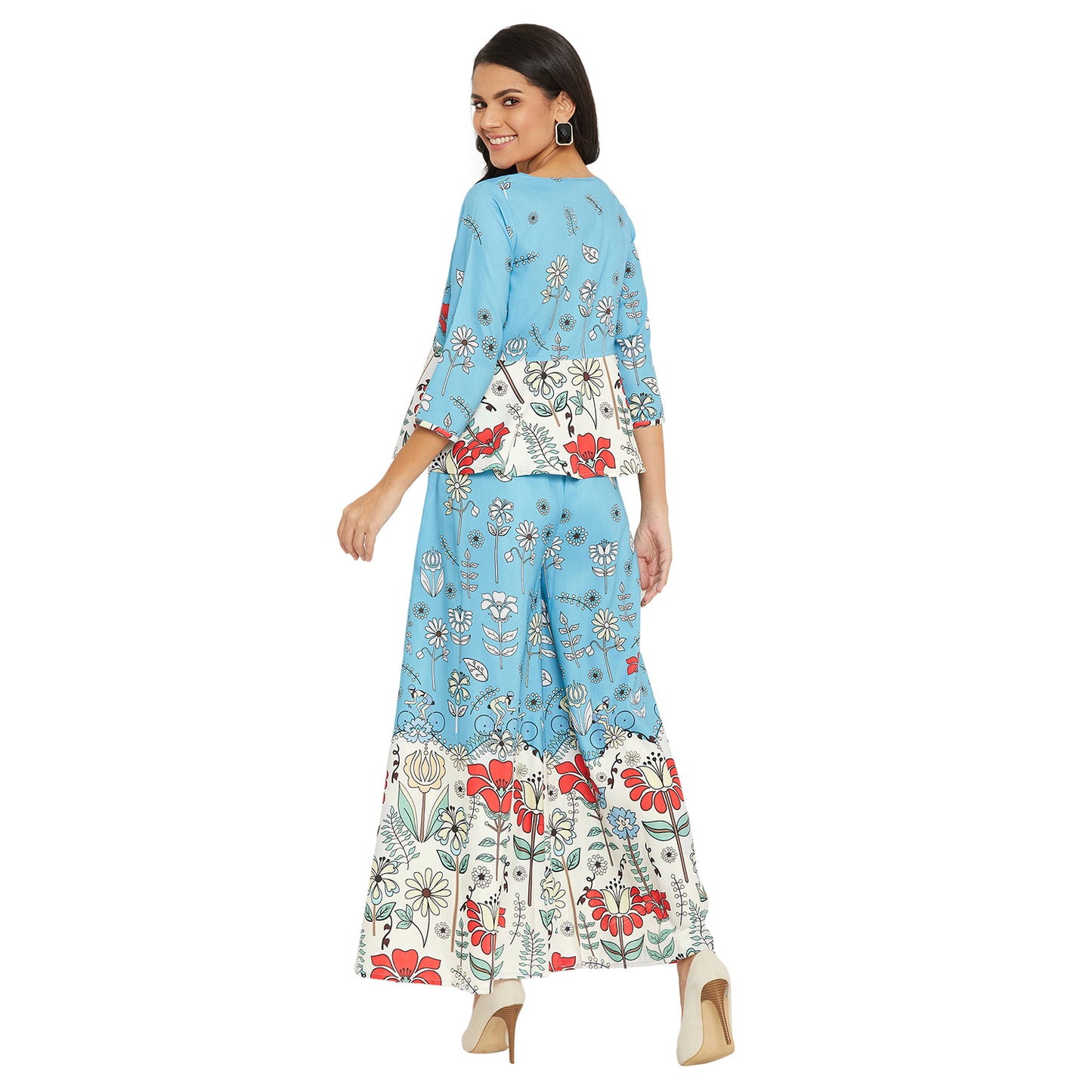 Women Ice Blue Printed Top With Inner and Palazzos