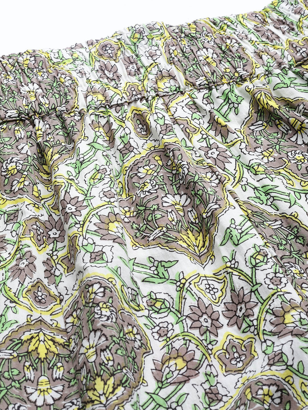 Women White Green & Grey Floral Printed Ethnic Cotton Palazzos