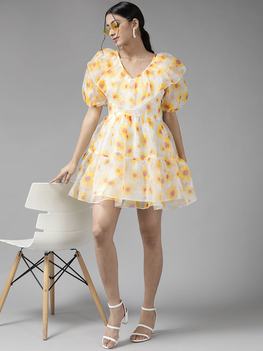 PANIT Cream-Coloured Floral Fit And Flare Dress