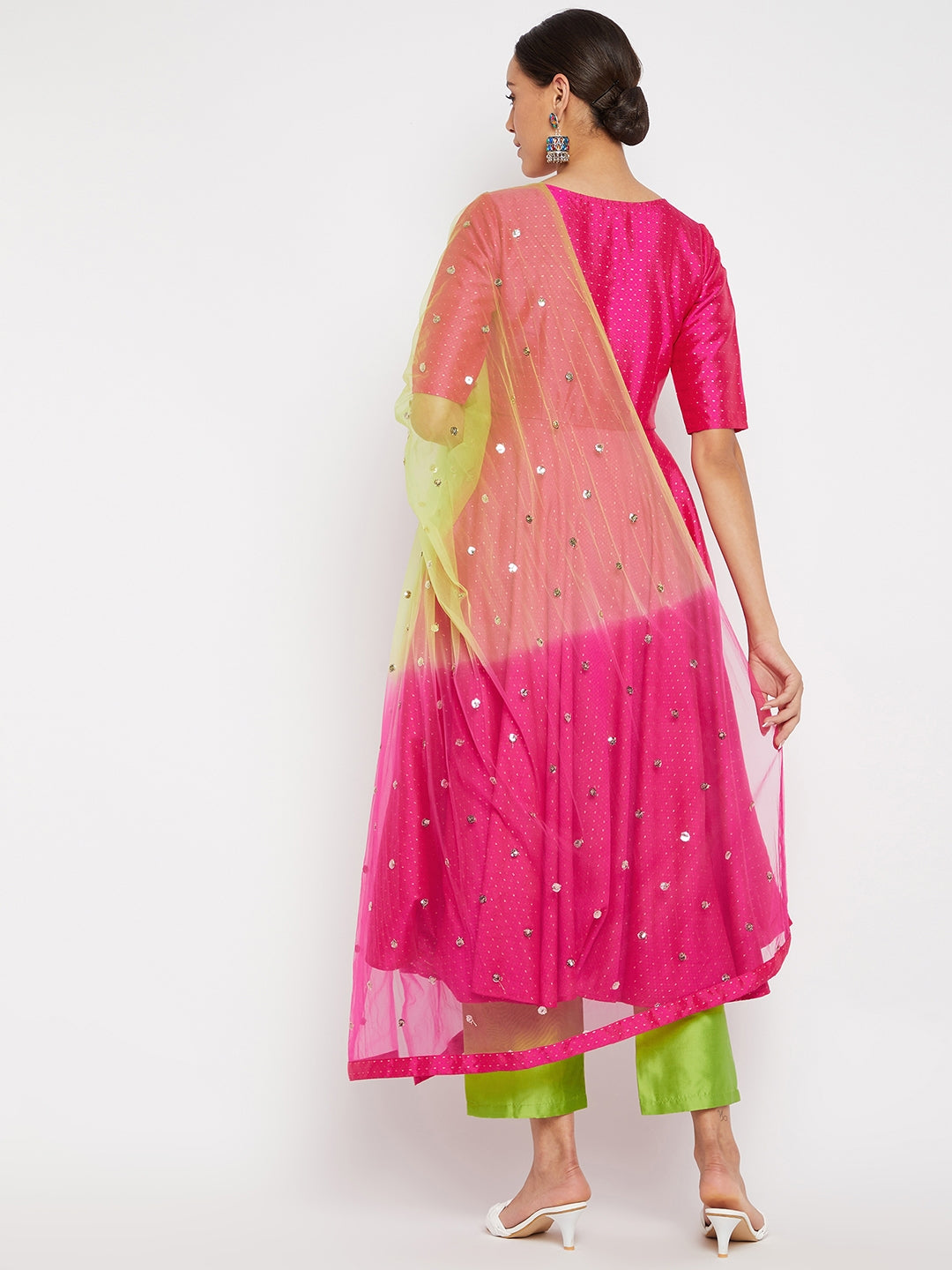 Women Magenta Pleated Golden Thread Work Kurta Set With Trouser And Dupatta