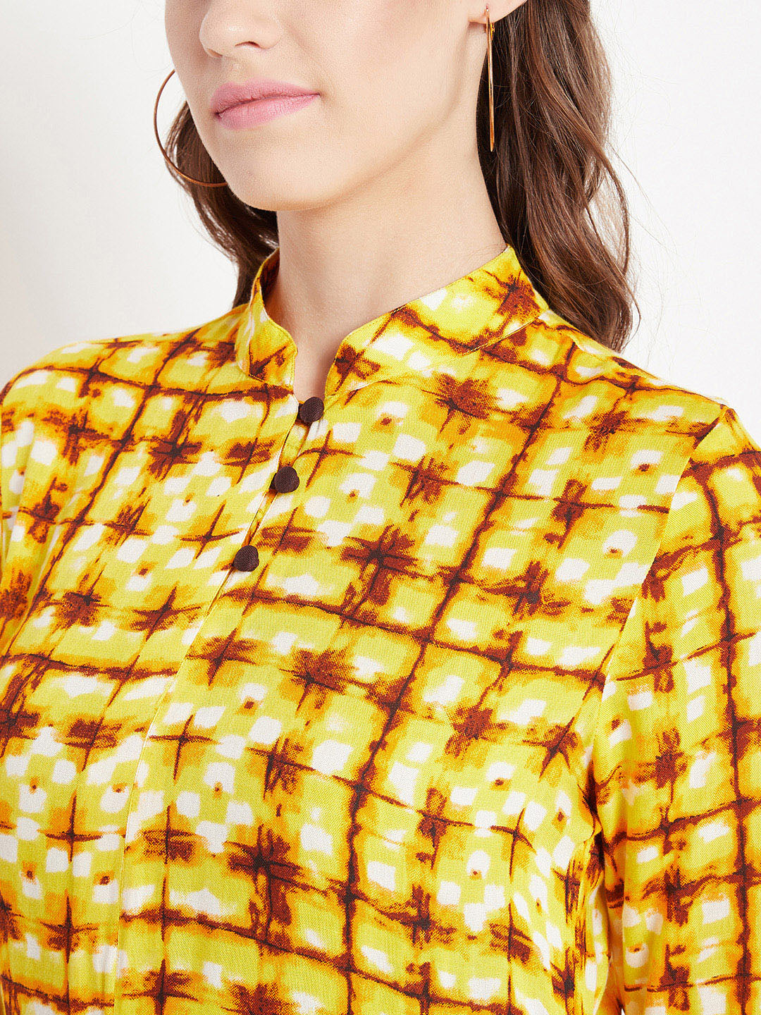 Women's Yellow And Brown Based Shibori Printed Mid Length Layered Kurta