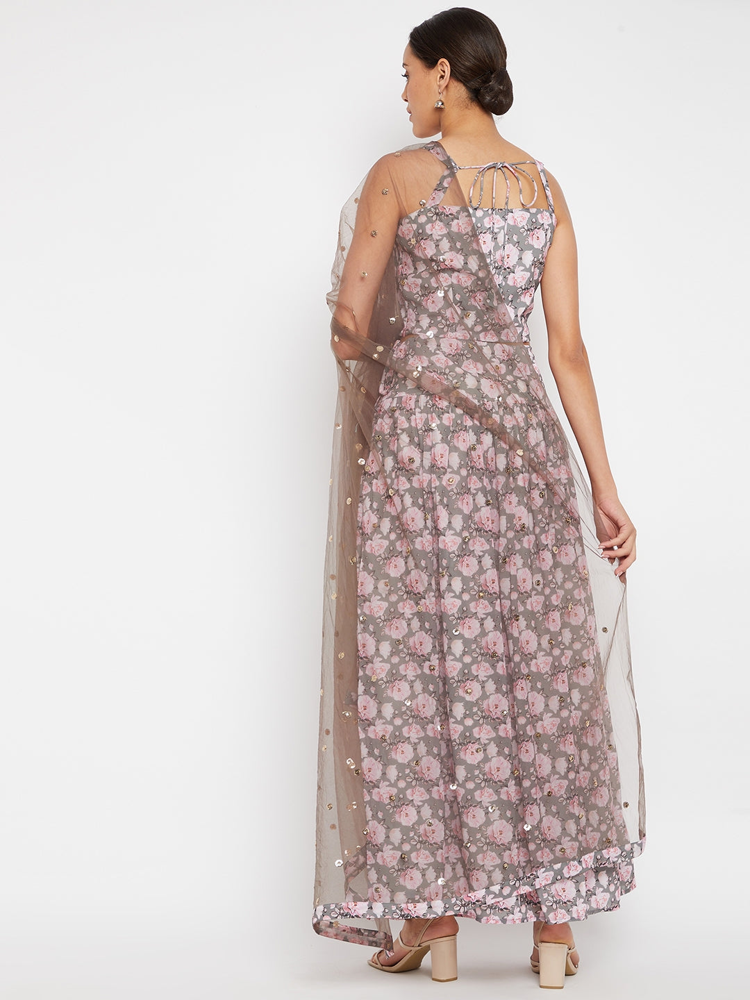 Women Grey Floral Printed Regular Top with Skirt & With Dupatta