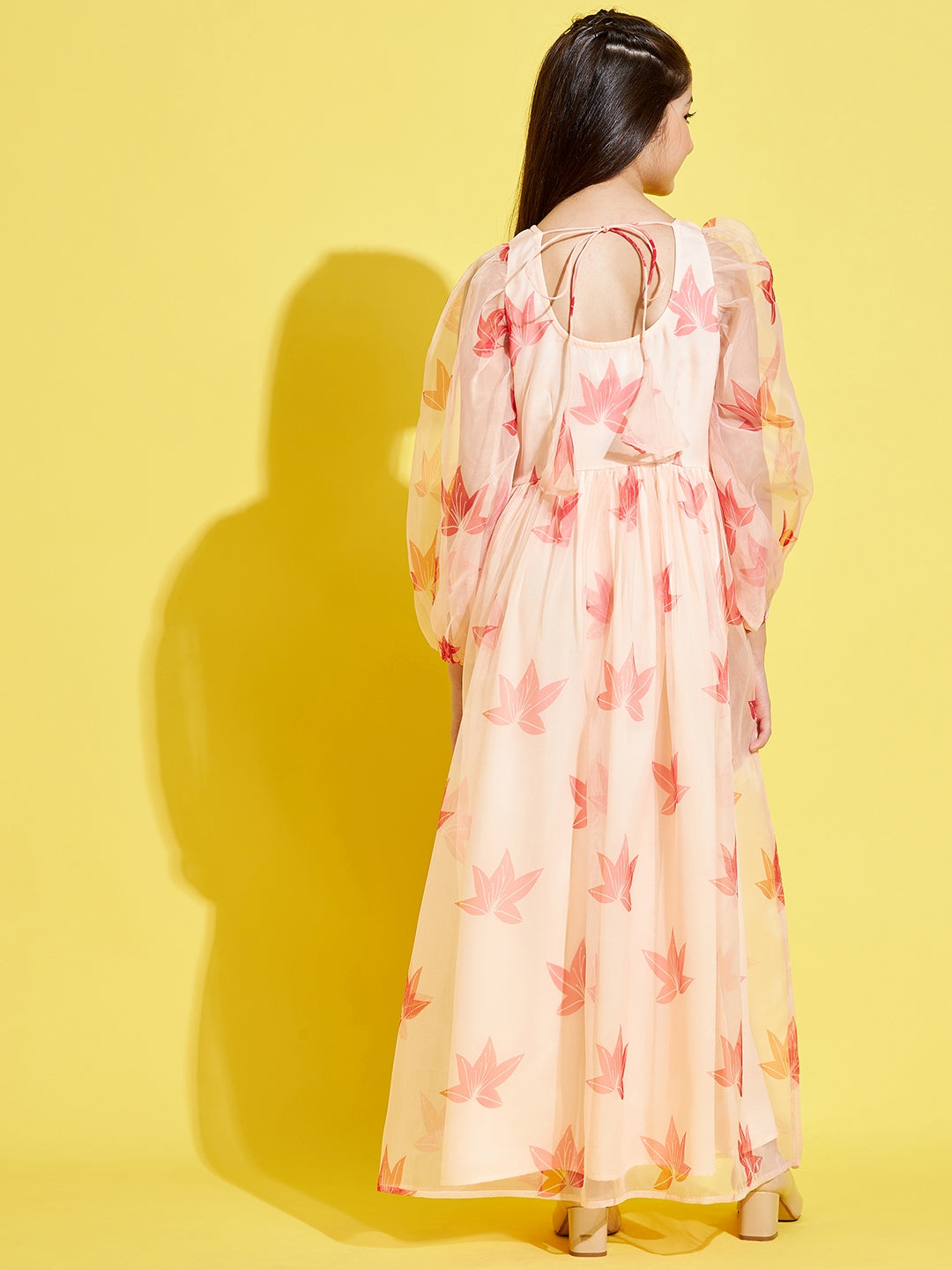 Girl Cream-Coloured leaf printed Maxi Dress