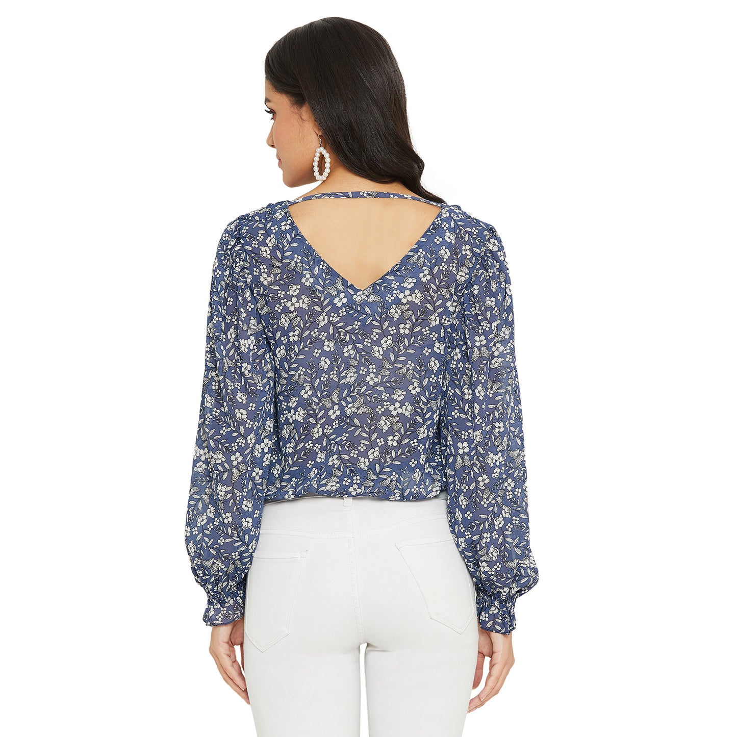 Blue floral printed Top with gather sleeve and waist elastic