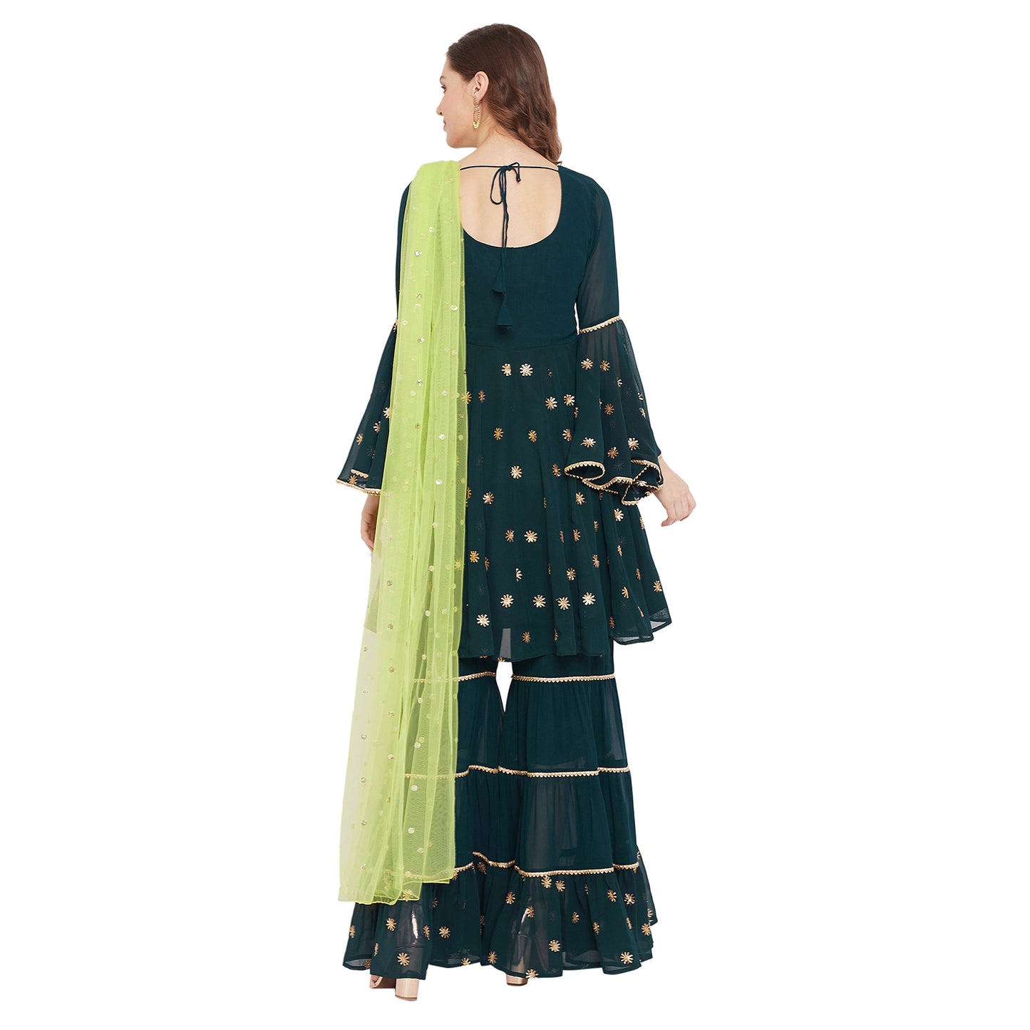 Dark green sharara set with green dupatta, overall gota lace detailing