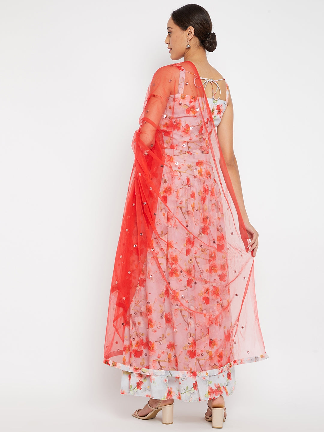 Women Off-White Floral Printed Regular Top with Skirt & With Dupatta