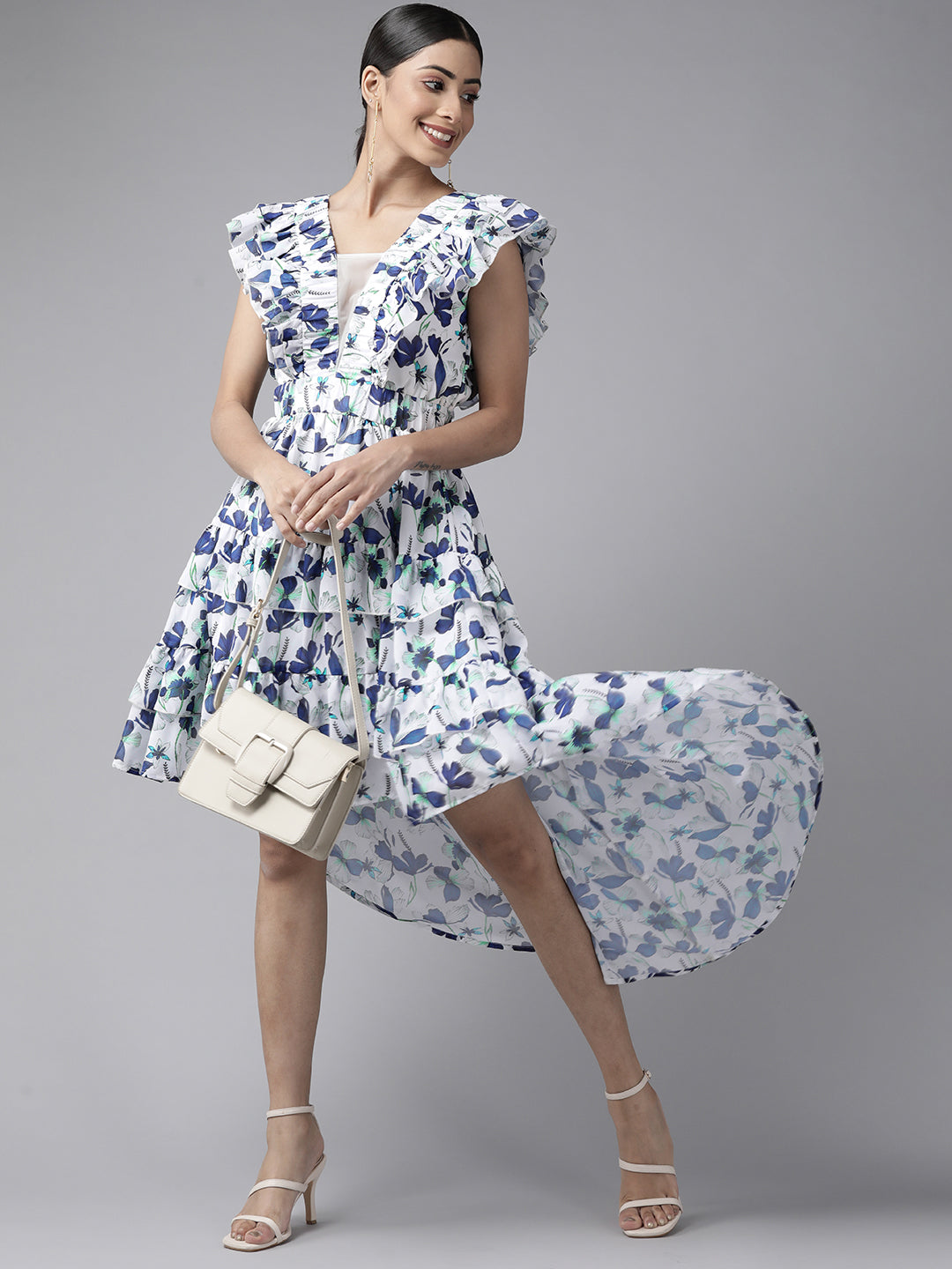 PANIT White Navy Blue Floral Printed Ruffled Layered A-Line Midi Dress