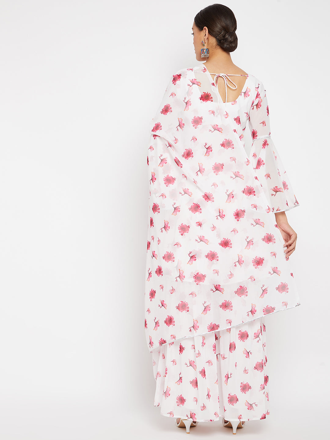 Women White Pink Red Floral Print Sharara Set With Dupatta