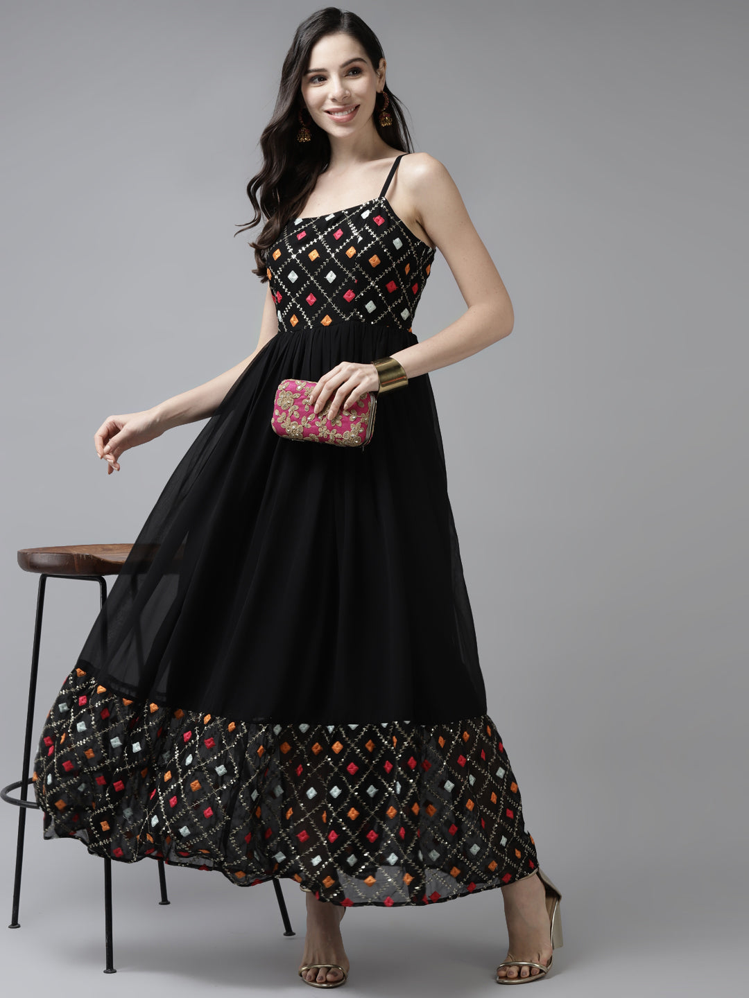 PANIT Women Black Orange Embroidered Maxi Dress