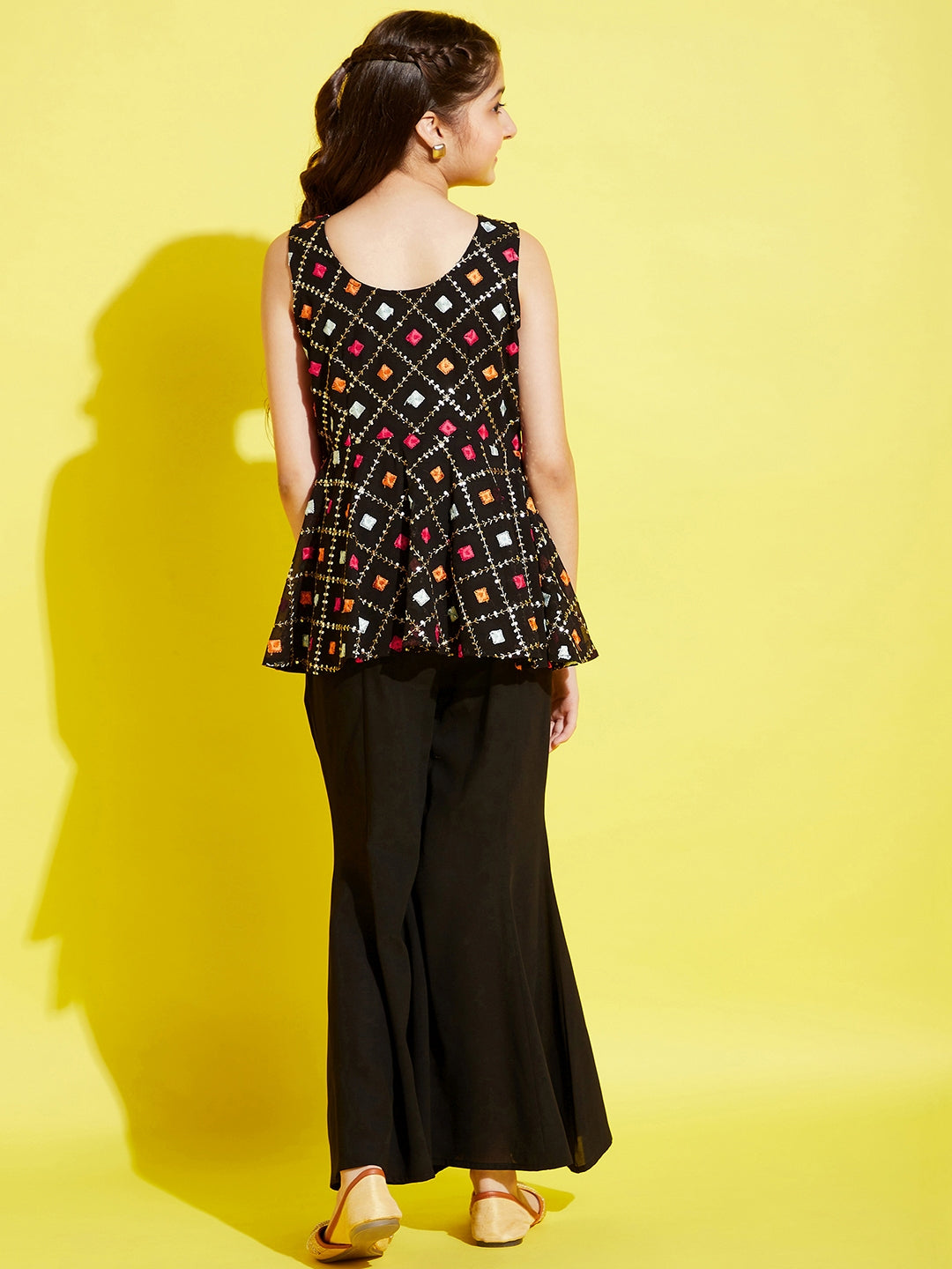 Girls Black & Pink Embroidered A-Line Kurti with Sharara