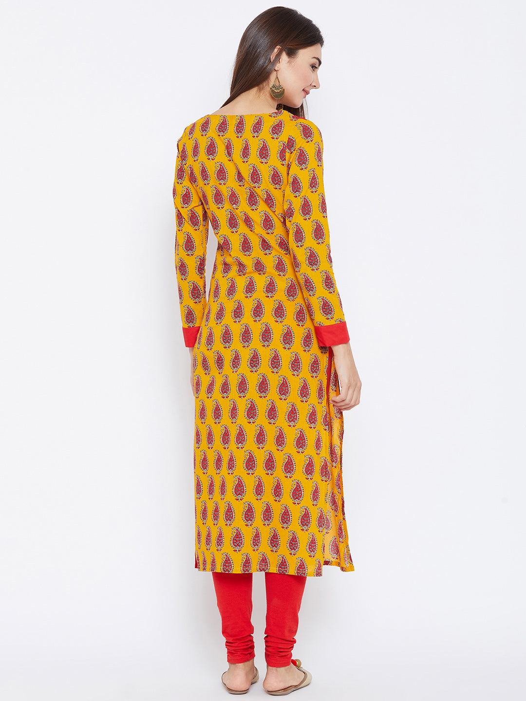 Women's Yellow And Red Color Paisely Printed Streight Fit Angrakha Kurta