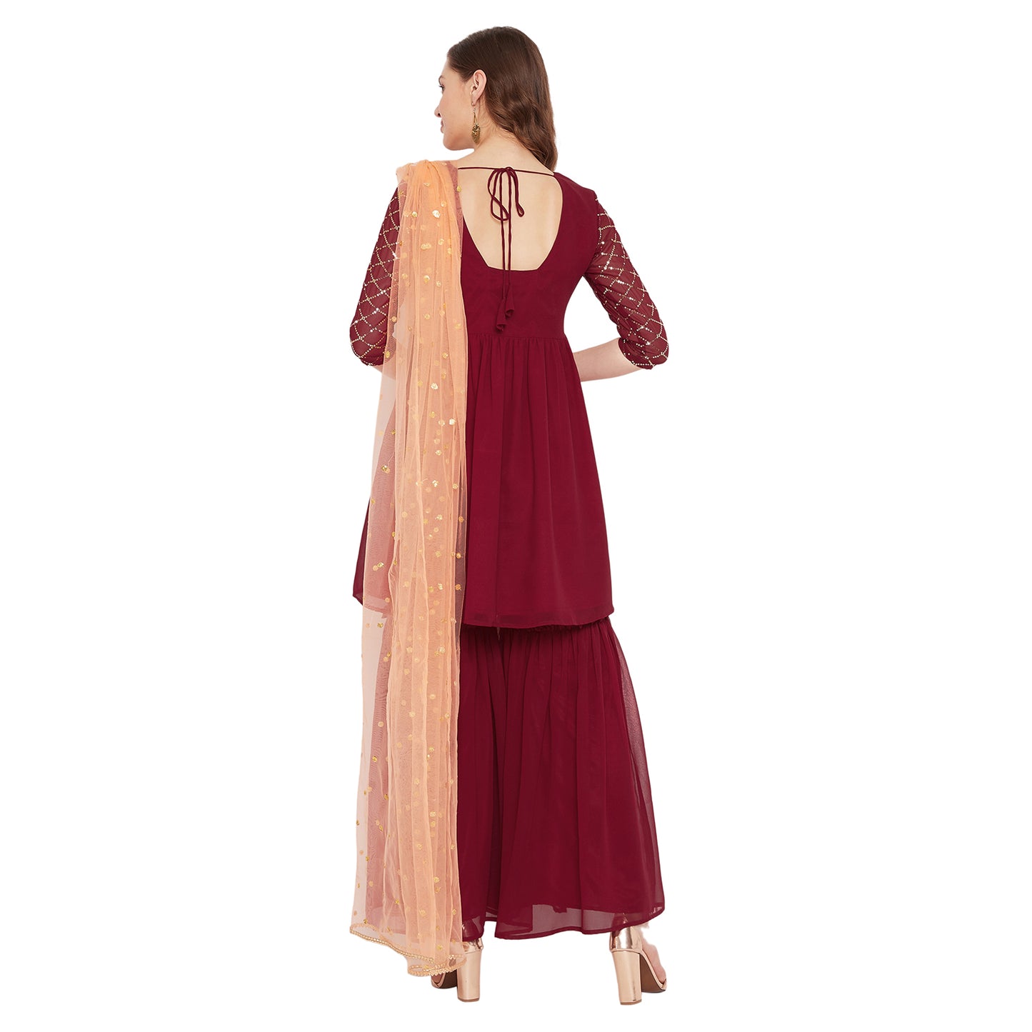 Maronn yoke and sleeve jaal embroidered sharara set with peach dupatta