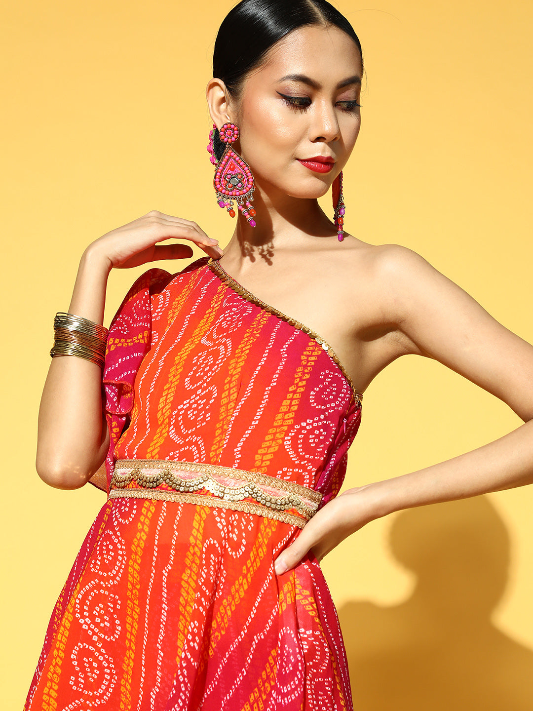 Women Orange & Pink Bandhani Printed One Shoulder Kurta & Sharara with Belt